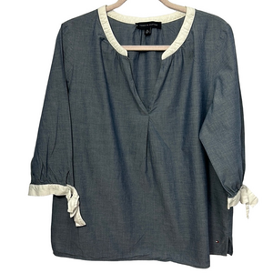 Blue and Cream V-neck 3/4 Sleeve Relaxed Blouse with Tie Sleeves